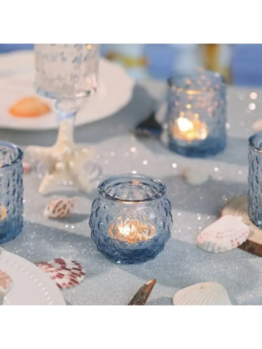 Set of 24 Blue Glass Votive Candle Holders - Round Tea Light Holders for